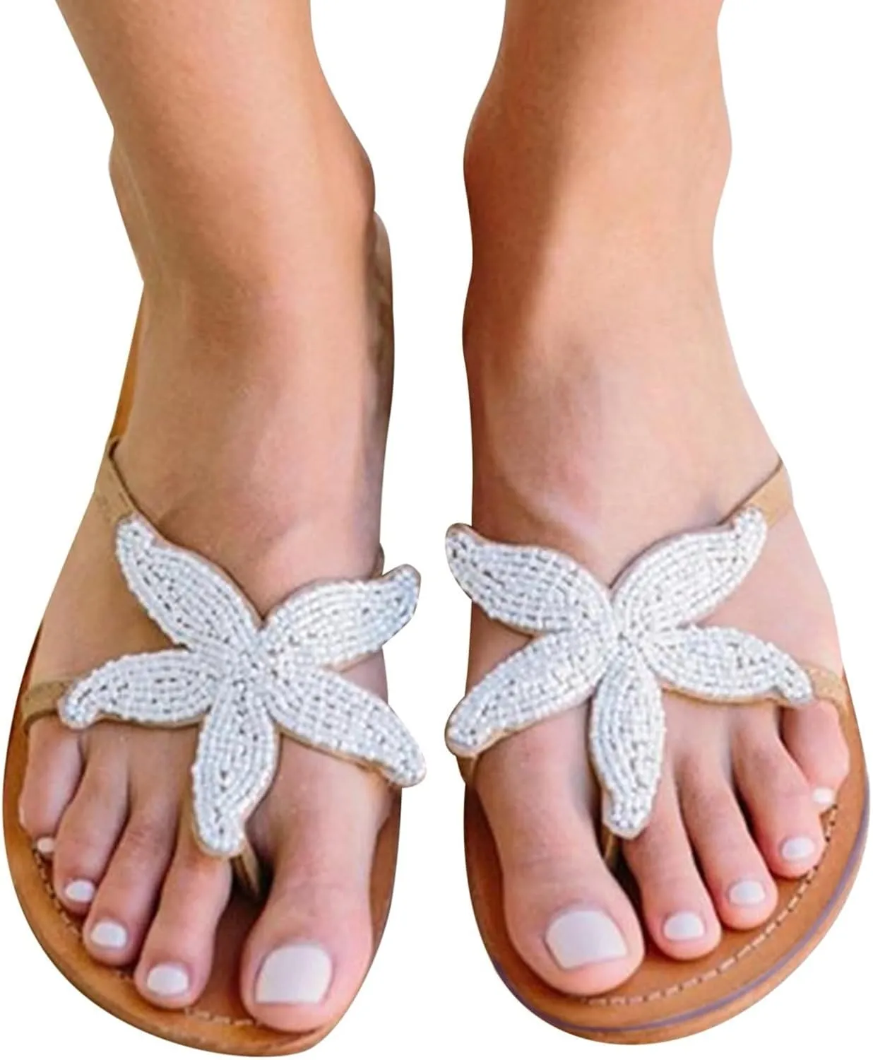 Beach Sandals for Woman, Women's Cute Starfish Flat Sandals Open Toe Slide Fashion Slip-on Slides Dressy Comfortable Bohemian Flats Summer Thong Flip Flops