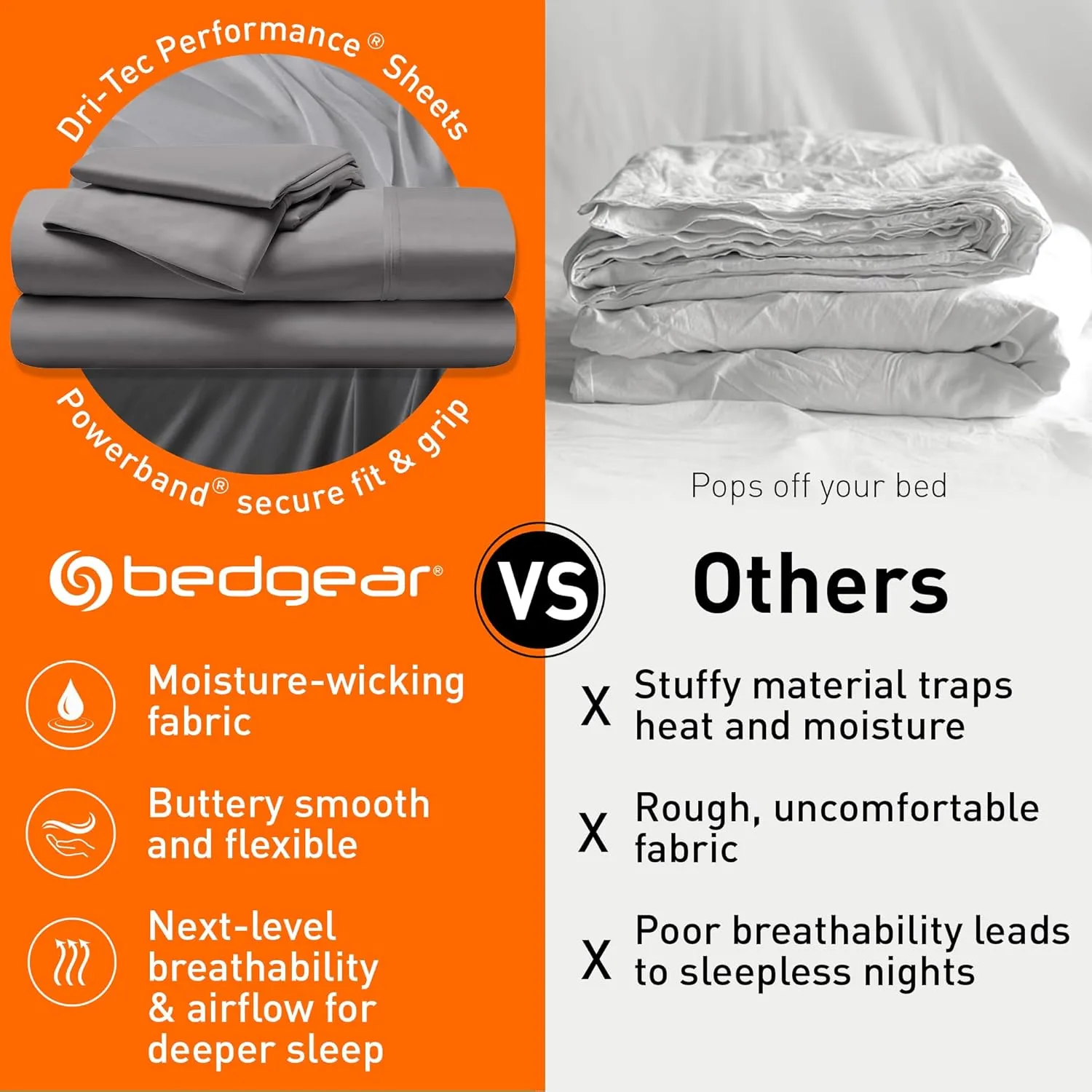 Bedgear Dri-Tec Bed Sheet Set for Hot Sleepers - Moisture-Wicking - Temperature Regulating - Includes Fitted Sheet, Flat Sheet, and 2 Pillowcases - King/Cal King - Grey
