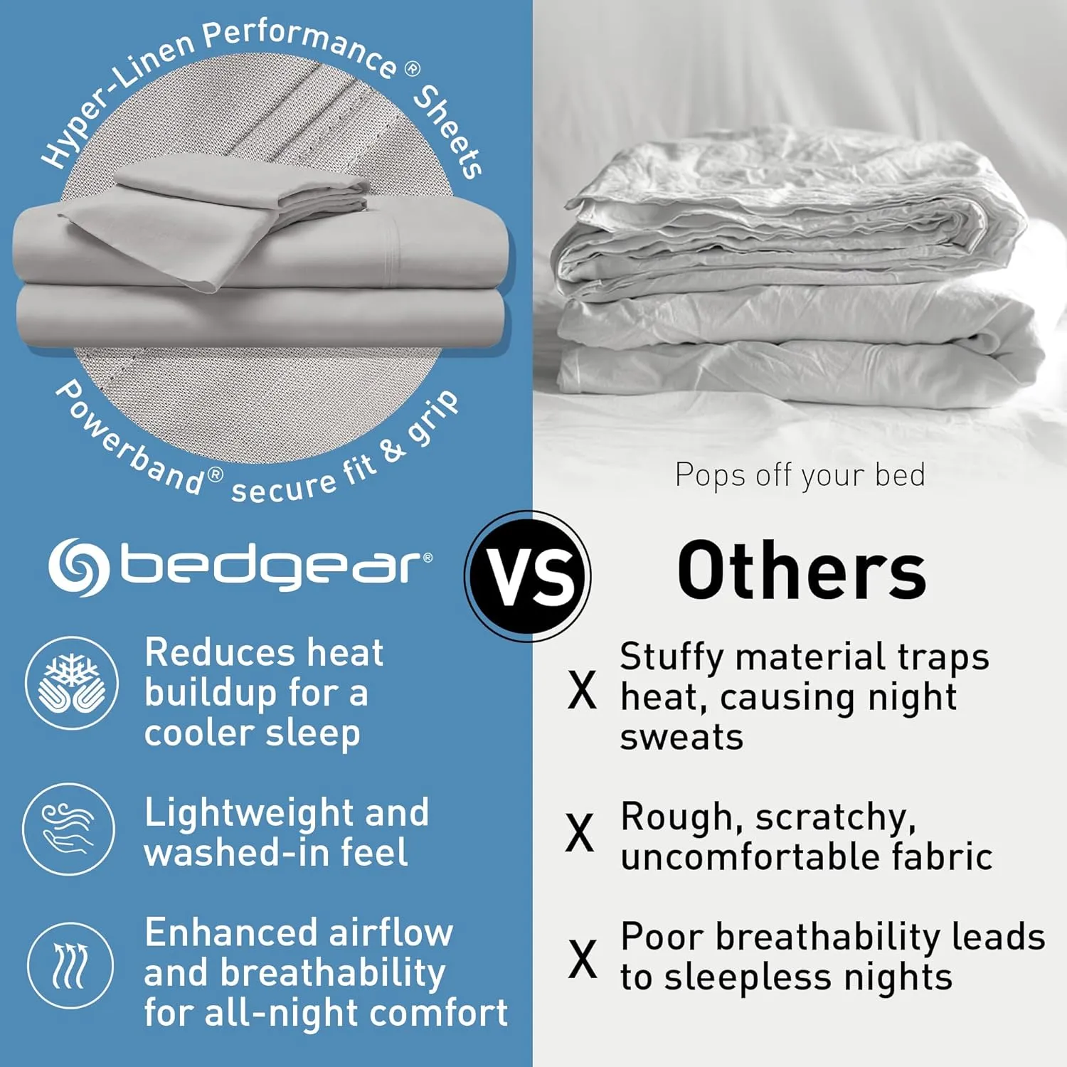 Bedgear Hyper-Linen Bed Sheet Set - Breathable and Quick-Drying - Silky-Smooth Bedding Alternative - Includes Fitted Sheet, Flat Sheet, and 2 Pillowcases - Queen - Light Grey