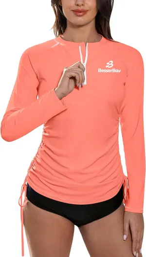 BesserBay Women's UPF 50  UV Sun Protection Rash Guard Shirt Half Zip Long Sleeve Ruched Tie Side Swim Top Swim Shirt