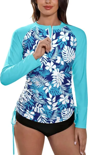BesserBay Women's UPF 50  UV Sun Protection Rash Guard Shirt Half Zip Long Sleeve Ruched Tie Side Swim Top Swim Shirt
