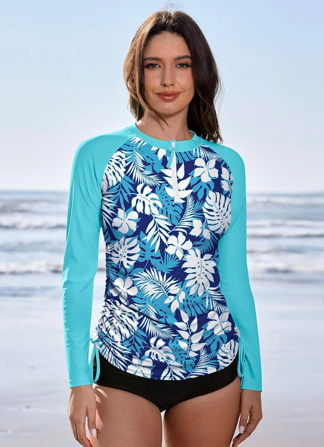 BesserBay Women's UPF 50  UV Sun Protection Rash Guard Shirt Half Zip Long Sleeve Ruched Tie Side Swim Top Swim Shirt