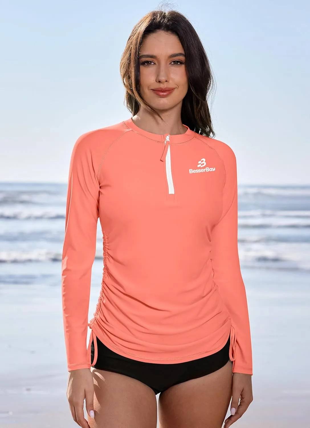BesserBay Women's UPF 50  UV Sun Protection Rash Guard Shirt Half Zip Long Sleeve Ruched Tie Side Swim Top Swim Shirt