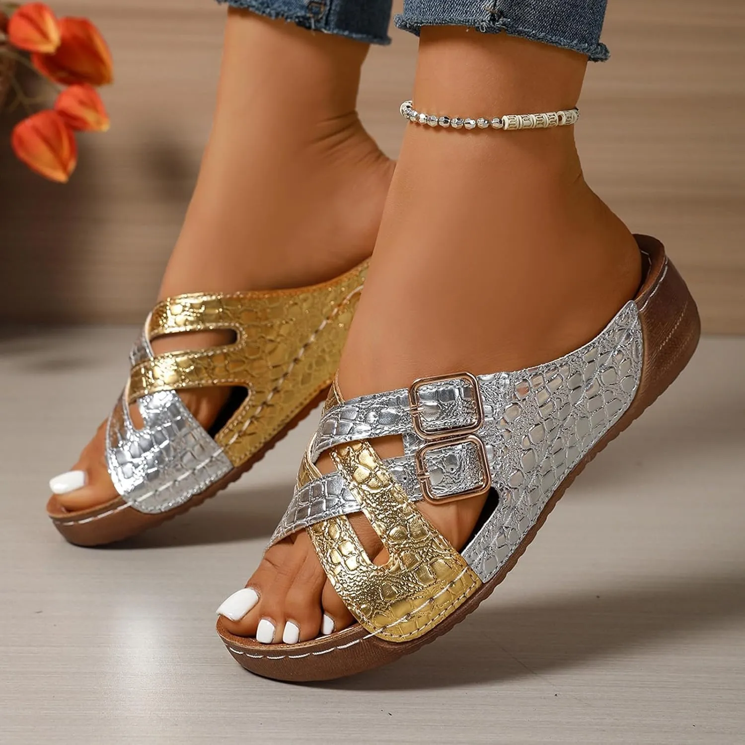 BILIKEYU Womens Slip on Slides Wedge Sandals Crisscross Buckle Straps Color Block Comfortable Summer Beach Sandal