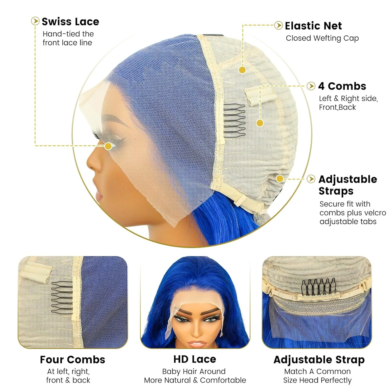 Blue Lace Front Human Hair Wig Blue Straight 13x4 Lace Front Wigs Human Hair with Baby Hair 180% Density for Daily Cosplay Party Holiday Wigs(26inches)