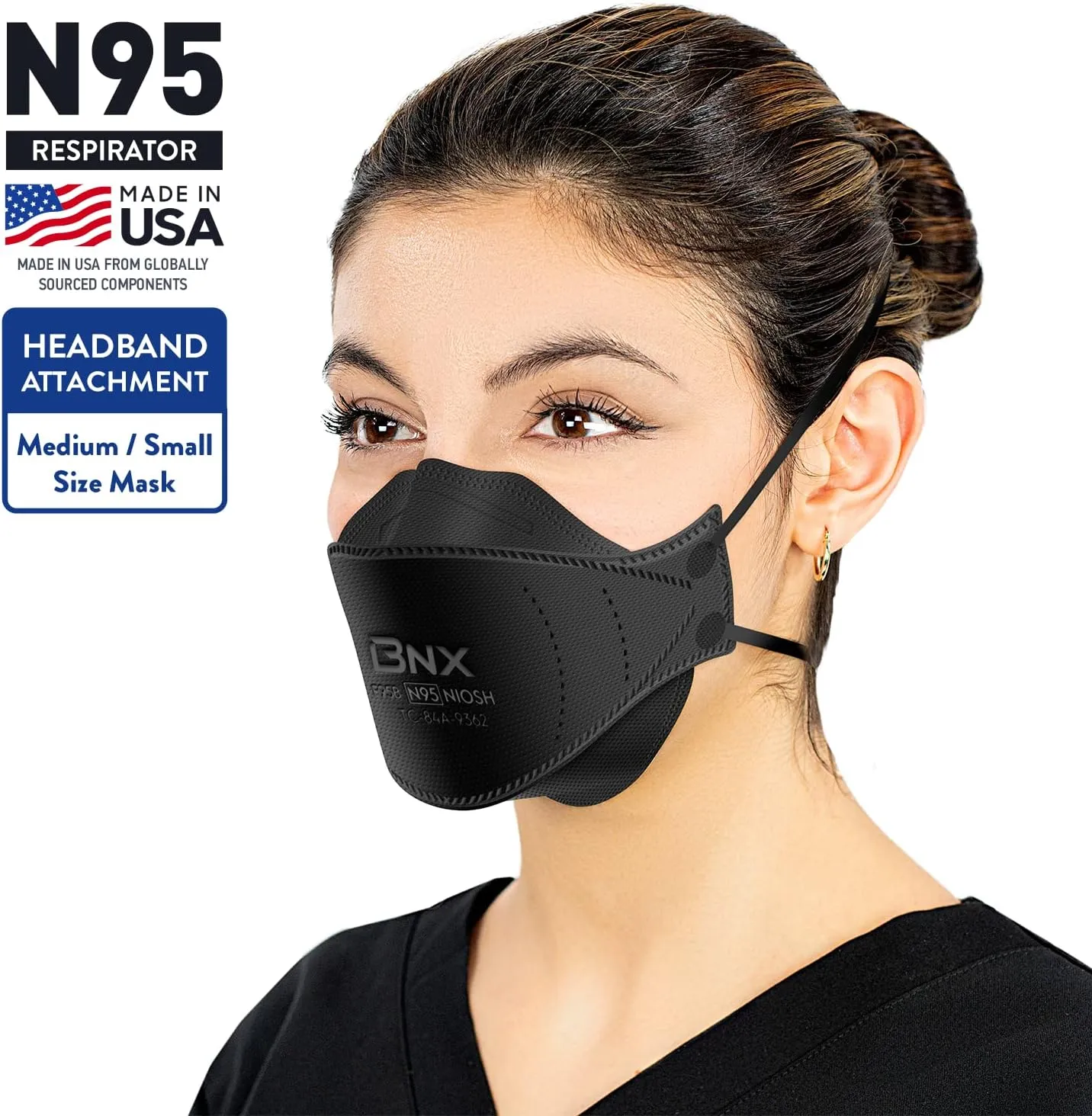 BNX N95 Mask NIOSH Certified MADE IN USA Face Mask, Tri-Fold Cup/Fish Style, 10,20,50-Pack - Black, White (Model F95B,F95W)