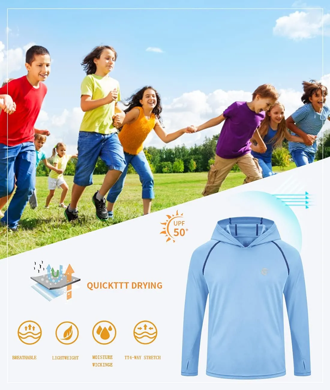 Boys Girls Hooded Sun Shirts UPF50  Long Sleeve Hoodies Quick Dry Rash Guard Swim Shirts Fishing Hiking Thumb Holes