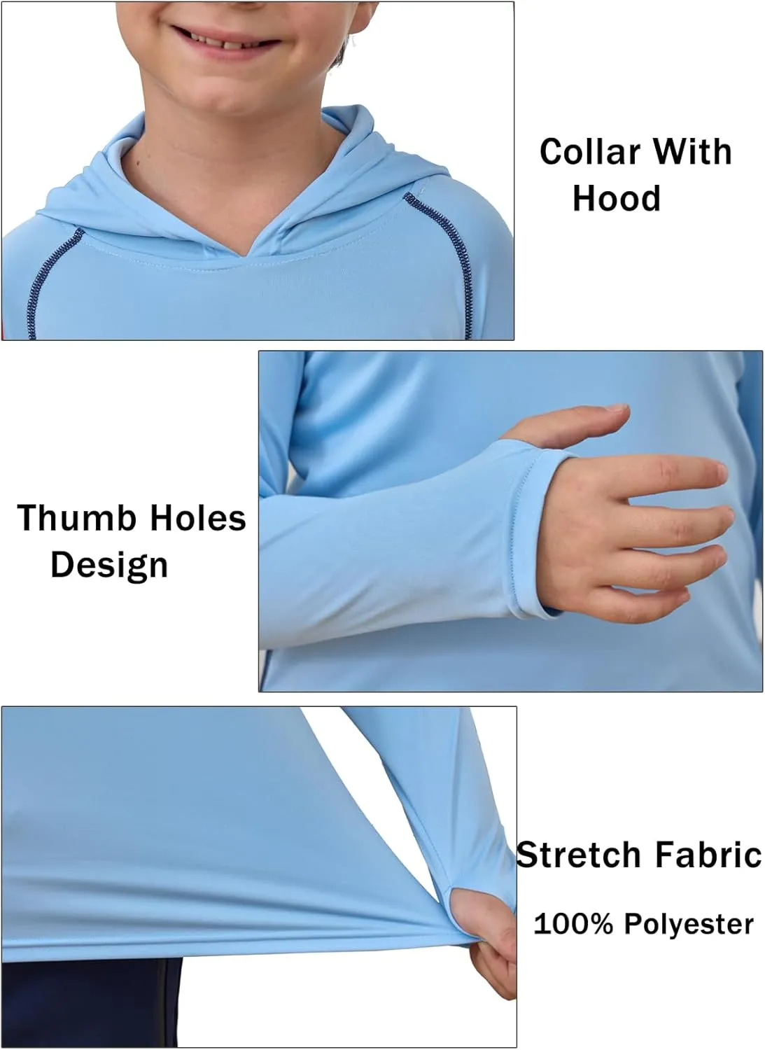 Boys Girls Hooded Sun Shirts UPF50  Long Sleeve Hoodies Quick Dry Rash Guard Swim Shirts Fishing Hiking Thumb Holes