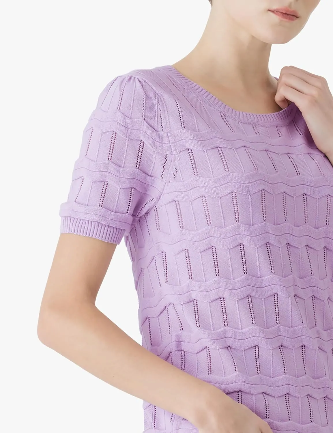 Cable Stitch Women's Ripple Stitch Short Sleeve Sweater - Crewneck Pointelle Knit Cotton Pullover Top