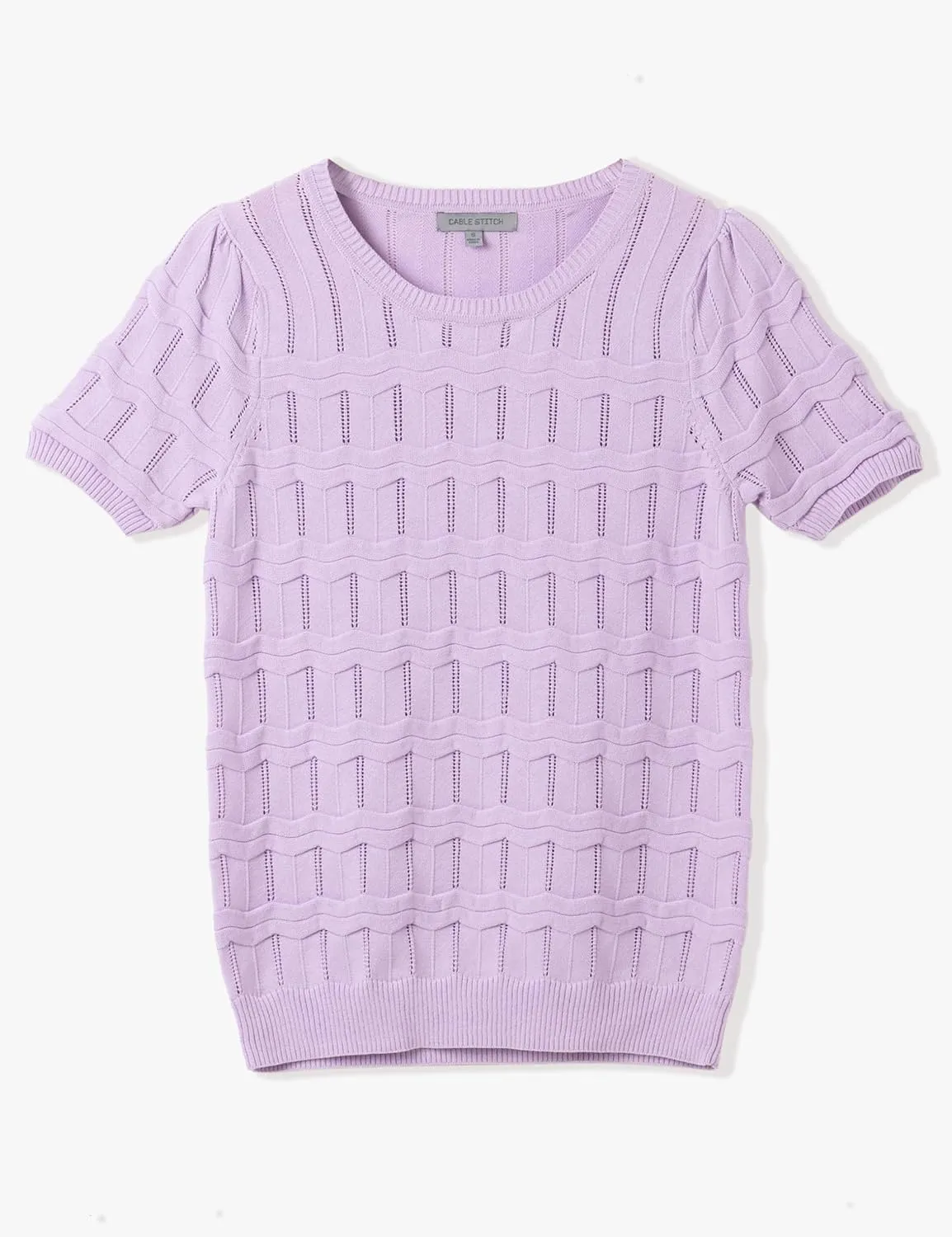 Cable Stitch Women's Ripple Stitch Short Sleeve Sweater - Crewneck Pointelle Knit Cotton Pullover Top