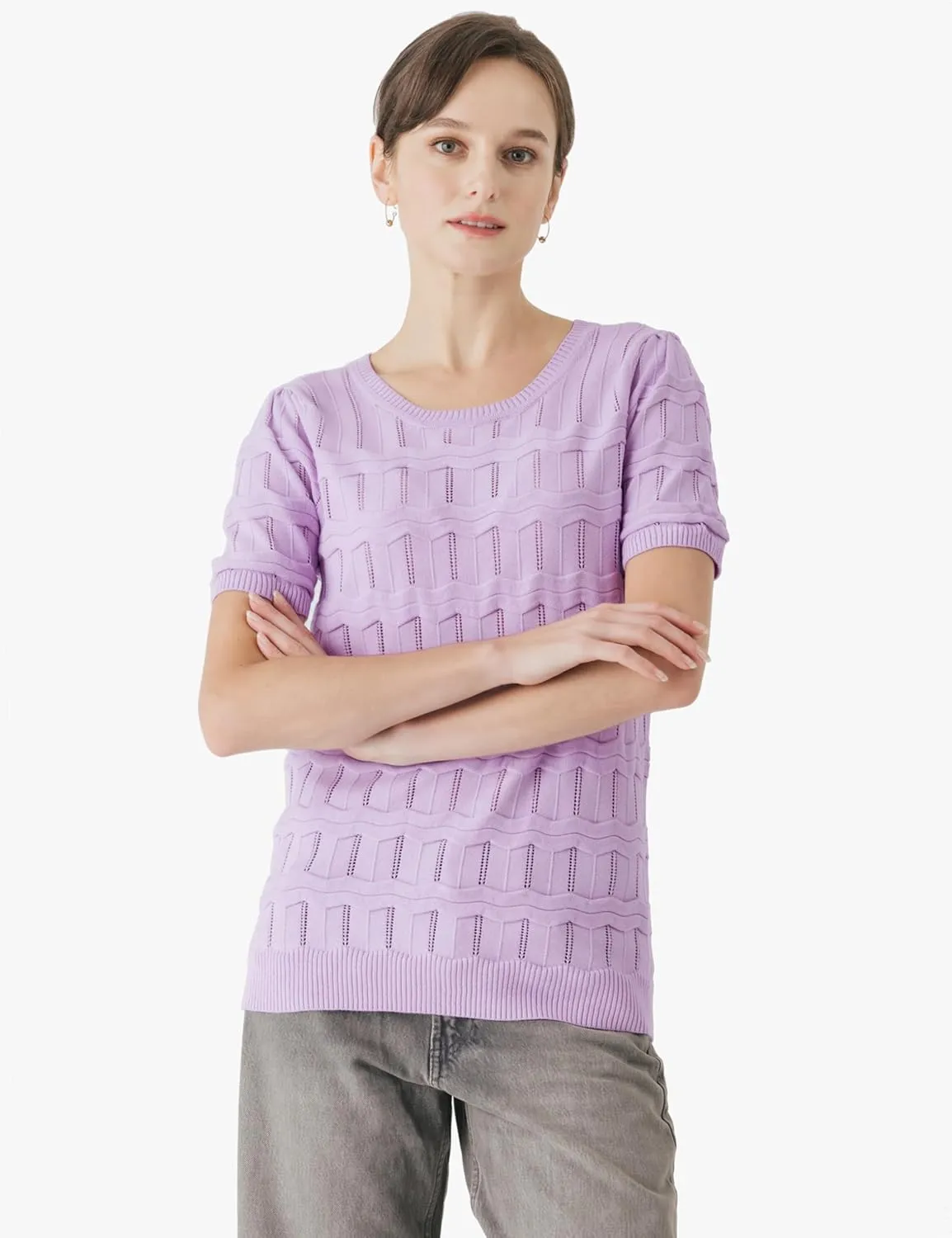 Cable Stitch Women's Ripple Stitch Short Sleeve Sweater - Crewneck Pointelle Knit Cotton Pullover Top
