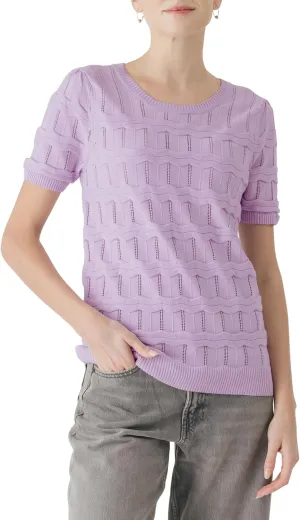 Cable Stitch Women's Ripple Stitch Short Sleeve Sweater - Crewneck Pointelle Knit Cotton Pullover Top
