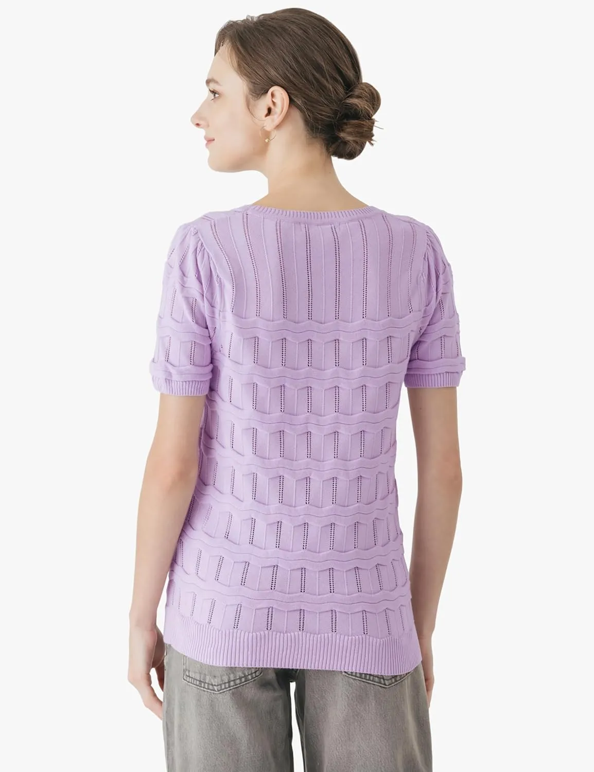 Cable Stitch Women's Ripple Stitch Short Sleeve Sweater - Crewneck Pointelle Knit Cotton Pullover Top
