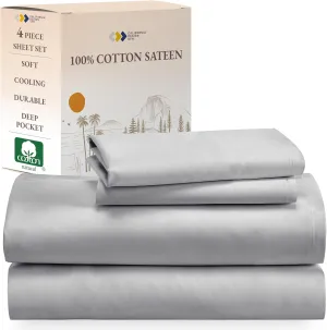 California Design Den Queen Sheet Set - Natural 100% Cotton Sheets Queen Size Bed Set with Deep Pockets, Soft Sateen Weave, Breathable, Cooling and Durable Bedding (Light Grey)
