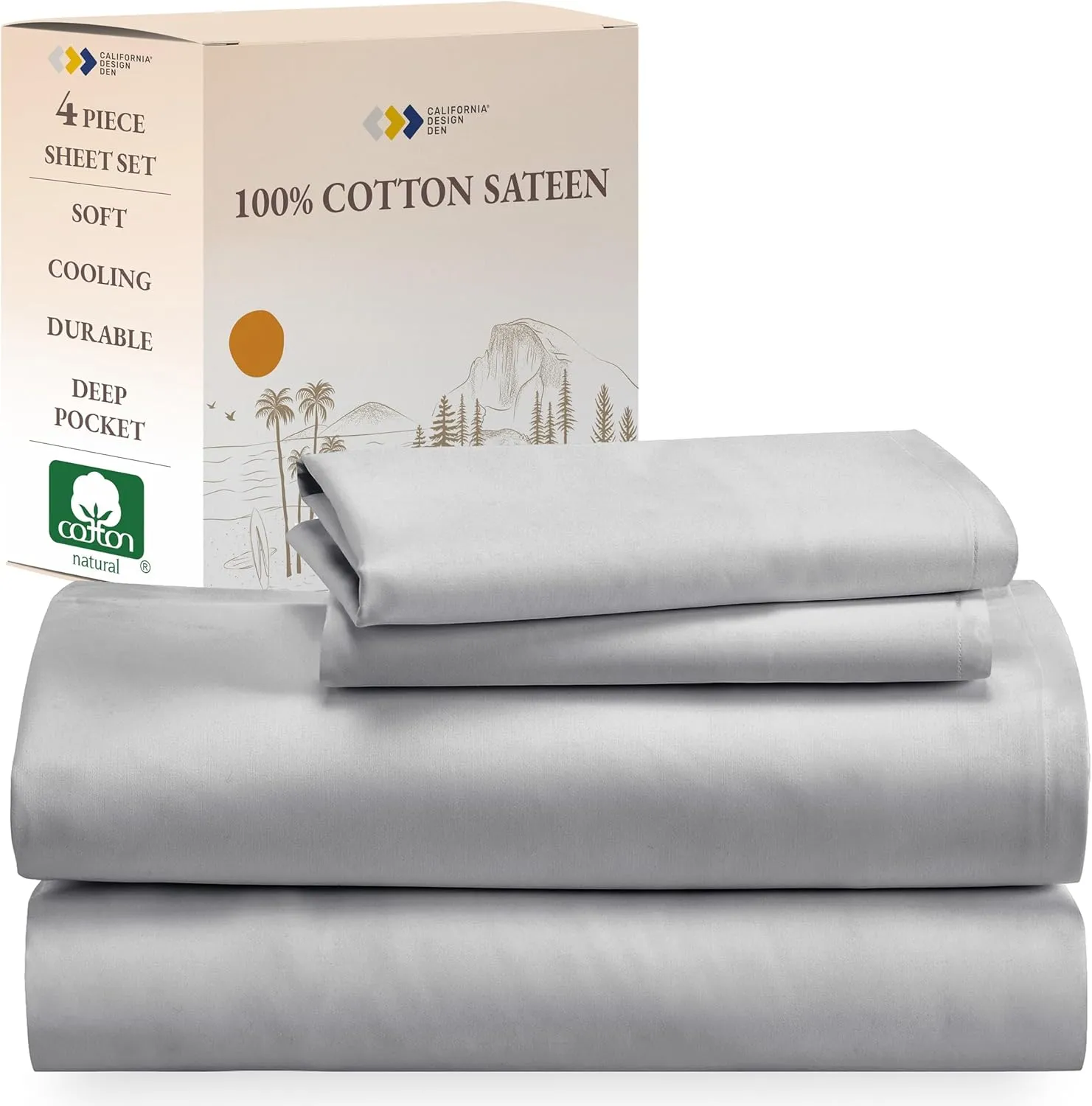 California Design Den Queen Sheet Set - Natural 100% Cotton Sheets Queen Size Bed Set with Deep Pockets, Soft Sateen Weave, Breathable, Cooling and Durable Bedding (Light Grey)