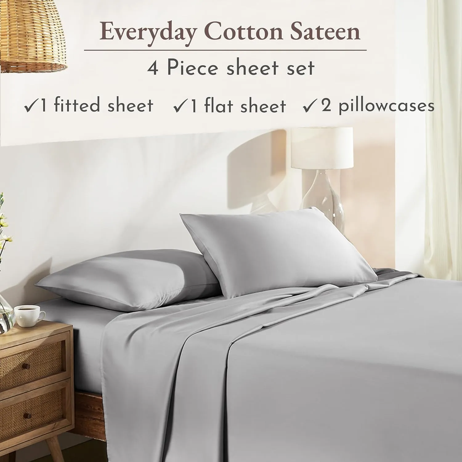 California Design Den Queen Sheet Set - Natural 100% Cotton Sheets Queen Size Bed Set with Deep Pockets, Soft Sateen Weave, Breathable, Cooling and Durable Bedding (Light Grey)