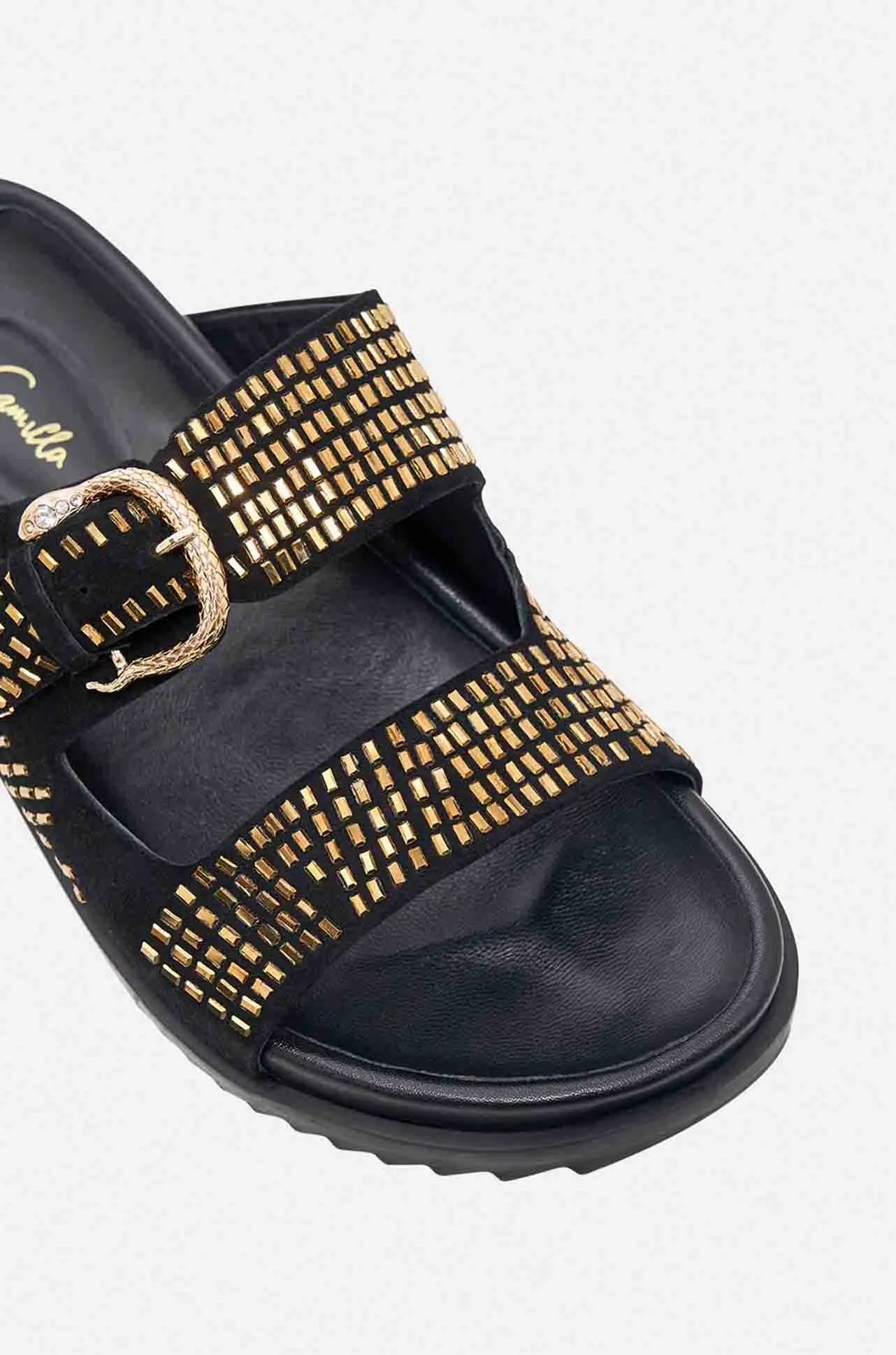 Camilla - Alisa Snake Buckle Sandal in Solid Black