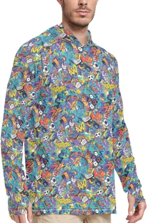 Cartoon Graffiti Men's Sun Shirt Hoodie Long Sleeve Sun Shirt with Hood UPF 50  Hooded Fishing Shirts Rash Guards Mens