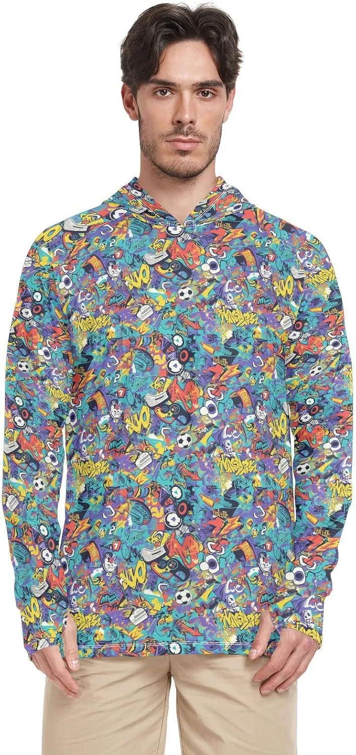Cartoon Graffiti Men's Sun Shirt Hoodie Long Sleeve Sun Shirt with Hood UPF 50  Hooded Fishing Shirts Rash Guards Mens