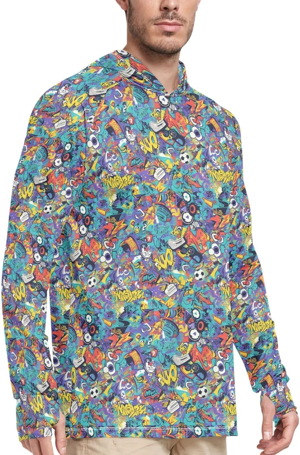 Cartoon Graffiti Men's Sun Shirt Hoodie Long Sleeve Sun Shirt with Hood UPF 50  Hooded Fishing Shirts Rash Guards Mens