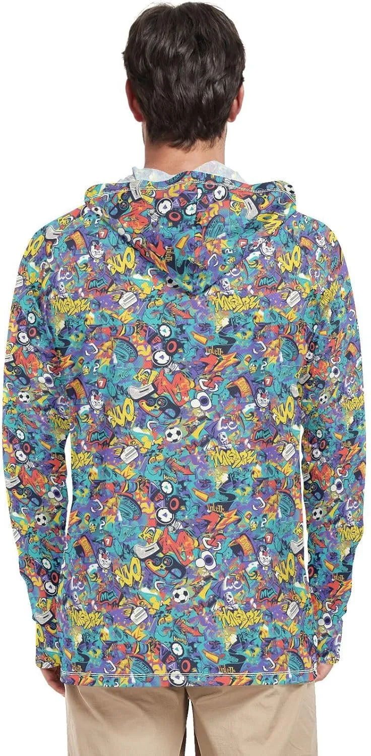 Cartoon Graffiti Men's Sun Shirt Hoodie Long Sleeve Sun Shirt with Hood UPF 50  Hooded Fishing Shirts Rash Guards Mens