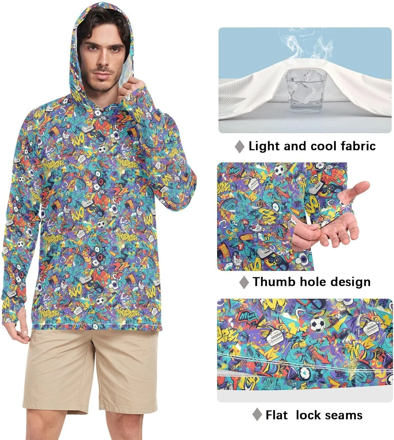 Cartoon Graffiti Men's Sun Shirt Hoodie Long Sleeve Sun Shirt with Hood UPF 50  Hooded Fishing Shirts Rash Guards Mens