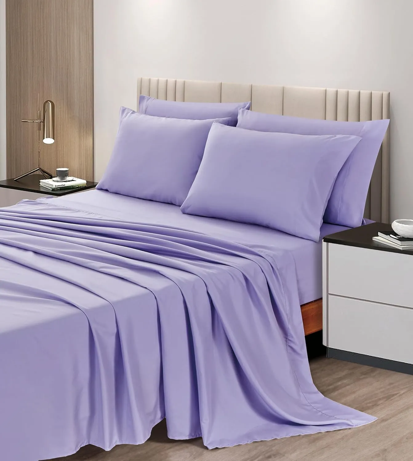 Chezmoi Collection 6-Piece Lavender Sheet Set King - Extra Soft Breathable Brushed Microfiber Bed Sheets with 15" Deep Pocket & 4 Pillowcases