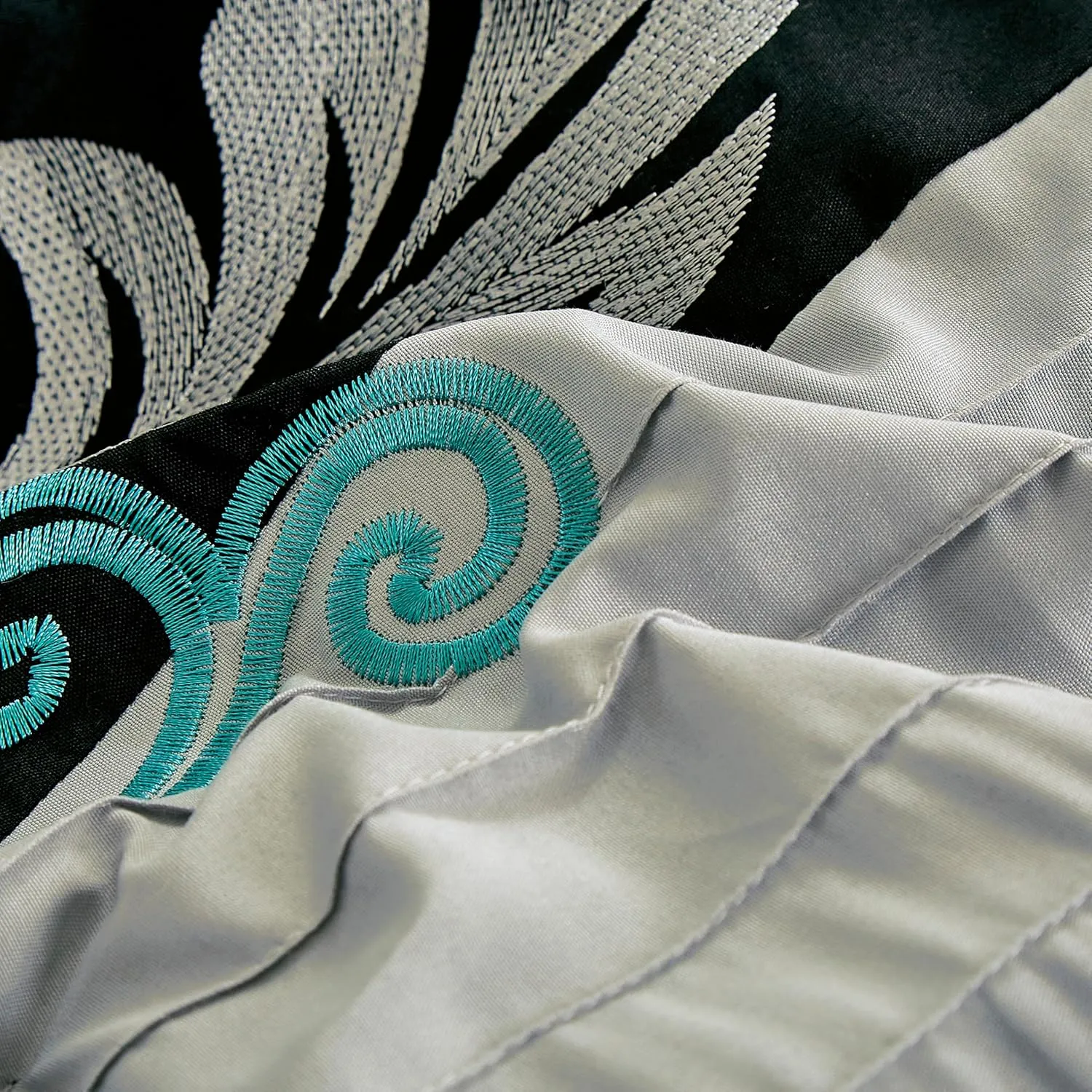 Chezmoi Collection Alana 7-Piece Bed in a Bag Comforter Set with Sheets - Embroidered Floral Luxury Leaves Teal Blue/Black/Gray Lightweight All Season Bedding, Queen Size