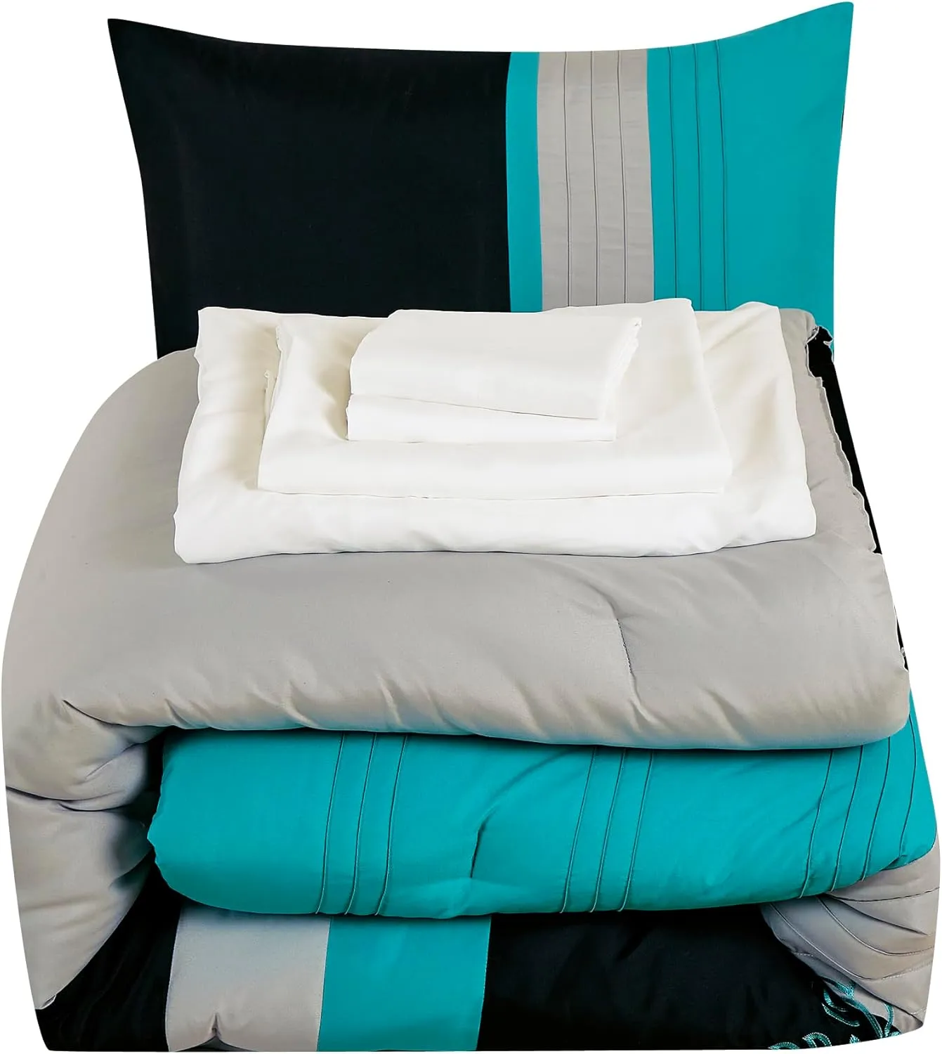 Chezmoi Collection Alana 7-Piece Bed in a Bag Comforter Set with Sheets - Embroidered Floral Luxury Leaves Teal Blue/Black/Gray Lightweight All Season Bedding, Queen Size