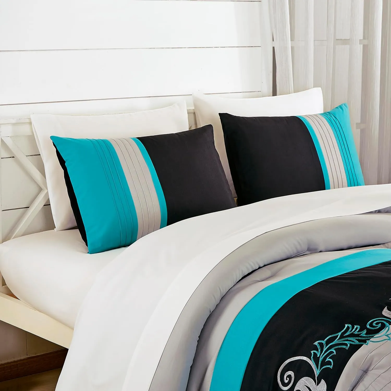 Chezmoi Collection Alana 7-Piece Bed in a Bag Comforter Set with Sheets - Embroidered Floral Luxury Leaves Teal Blue/Black/Gray Lightweight All Season Bedding, Queen Size
