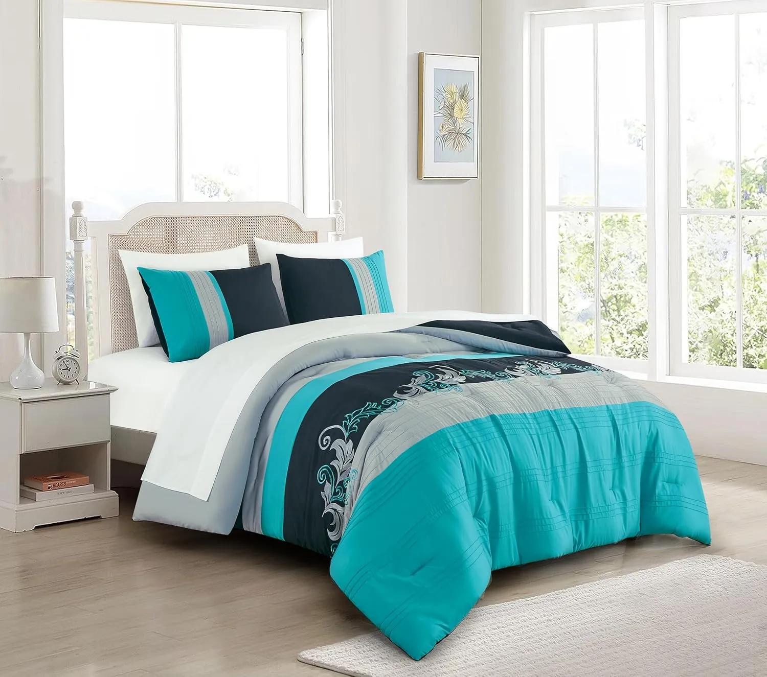 Chezmoi Collection Alana 7-Piece Bed in a Bag Comforter Set with Sheets - Embroidered Floral Luxury Leaves Teal Blue/Black/Gray Lightweight All Season Bedding, Queen Size