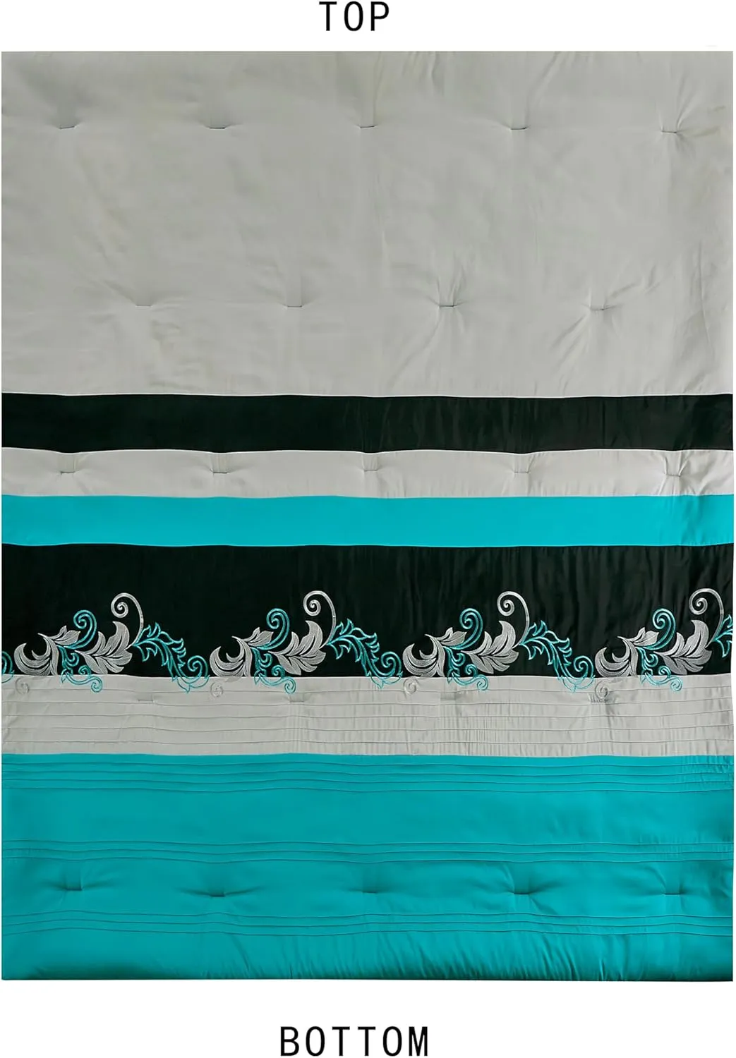 Chezmoi Collection Alana 7-Piece Bed in a Bag Comforter Set with Sheets - Embroidered Floral Luxury Leaves Teal Blue/Black/Gray Lightweight All Season Bedding, Queen Size