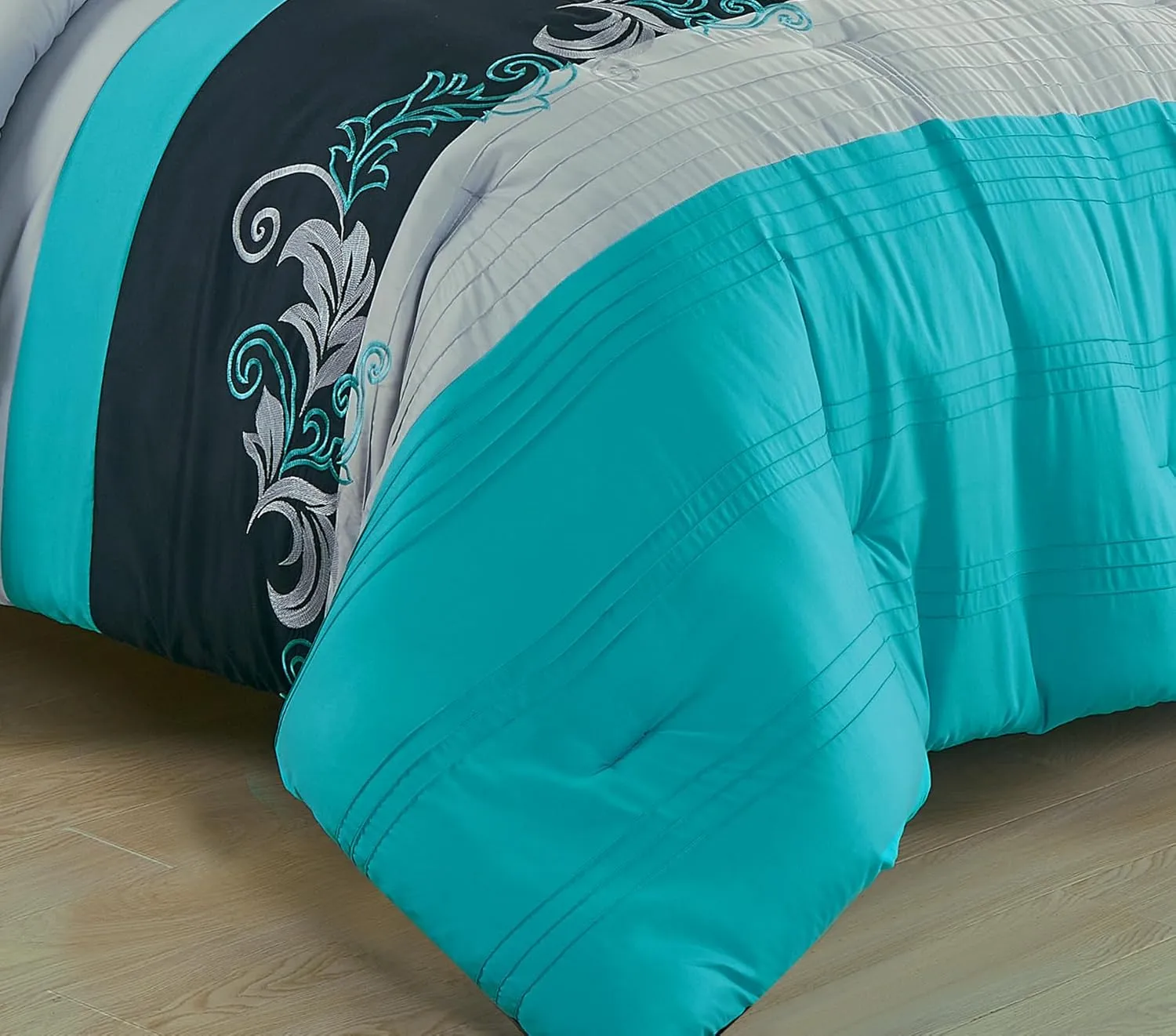 Chezmoi Collection Alana 7-Piece Bed in a Bag Comforter Set with Sheets - Embroidered Floral Luxury Leaves Teal Blue/Black/Gray Lightweight All Season Bedding, Queen Size