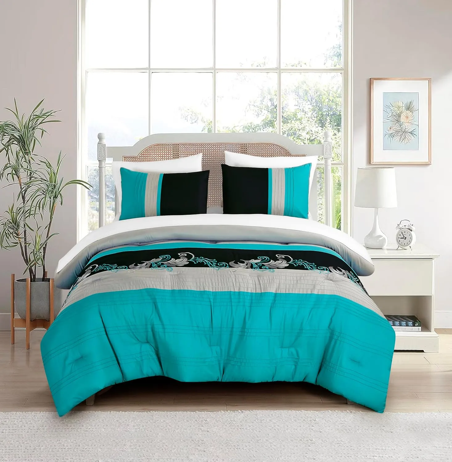 Chezmoi Collection Alana 7-Piece Bed in a Bag Comforter Set with Sheets - Embroidered Floral Luxury Leaves Teal Blue/Black/Gray Lightweight All Season Bedding, Queen Size