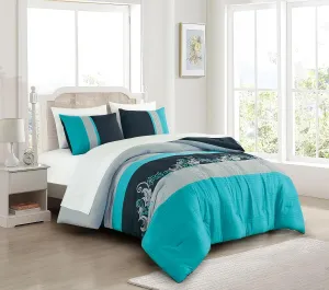 Chezmoi Collection Alana 7-Piece Bed in a Bag Comforter Set with Sheets - Embroidered Floral Luxury Leaves Teal Blue/Black/Gray Lightweight All Season Bedding, Queen Size