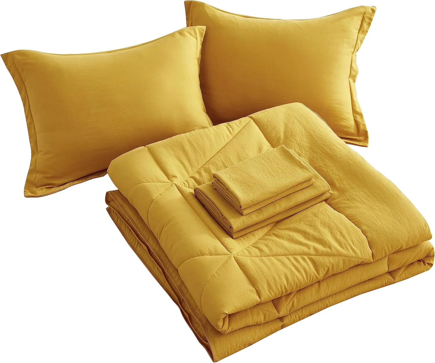 Chezmoi Collection Jasper Mustard Yellow Twin Size Bed in a Bag 5-Pieces Triangle Geometric Quilted Stone Washed Microfiber Comforter with Sheets Lightweight All Season Bedding Set
