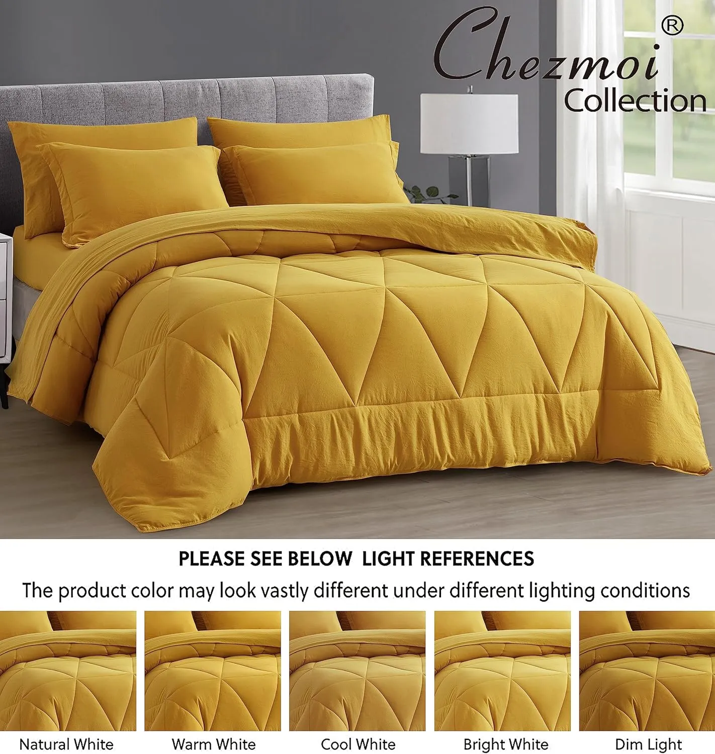 Chezmoi Collection Jasper Mustard Yellow Twin Size Bed in a Bag 5-Pieces Triangle Geometric Quilted Stone Washed Microfiber Comforter with Sheets Lightweight All Season Bedding Set