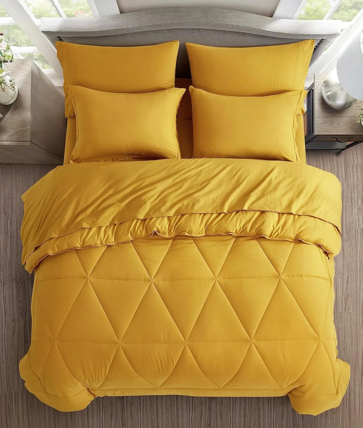 Chezmoi Collection Jasper Mustard Yellow Twin Size Bed in a Bag 5-Pieces Triangle Geometric Quilted Stone Washed Microfiber Comforter with Sheets Lightweight All Season Bedding Set