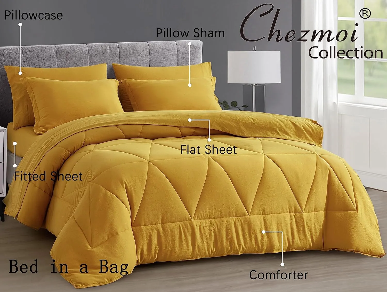 Chezmoi Collection Jasper Mustard Yellow Twin Size Bed in a Bag 5-Pieces Triangle Geometric Quilted Stone Washed Microfiber Comforter with Sheets Lightweight All Season Bedding Set