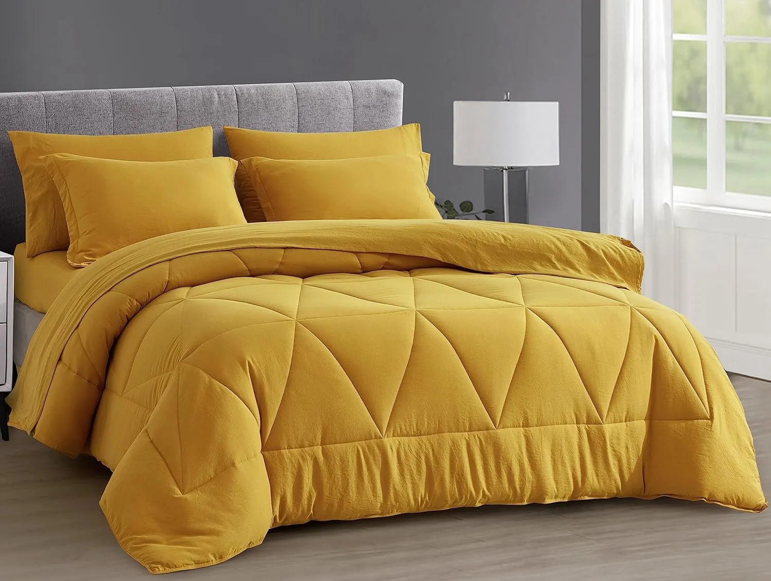 Chezmoi Collection Jasper Mustard Yellow Twin Size Bed in a Bag 5-Pieces Triangle Geometric Quilted Stone Washed Microfiber Comforter with Sheets Lightweight All Season Bedding Set