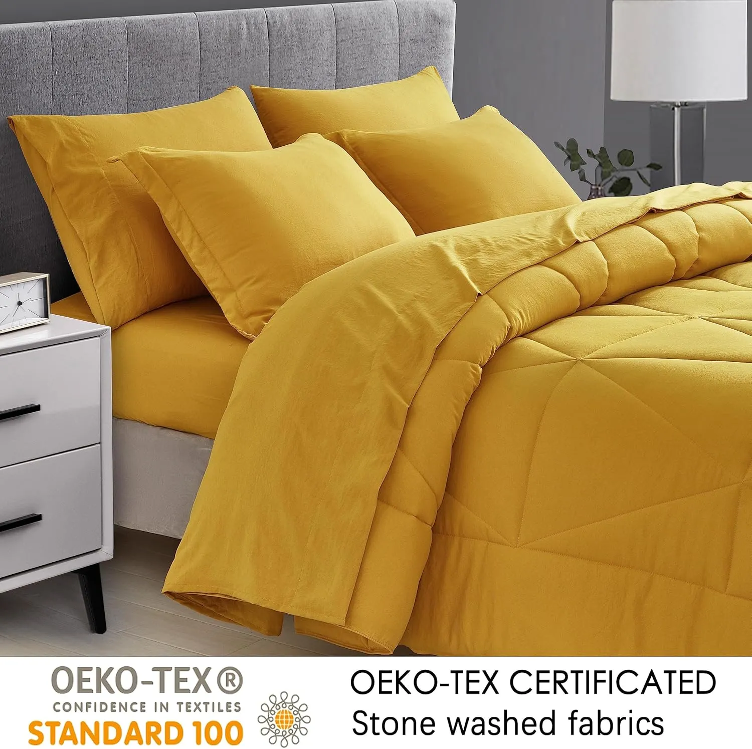 Chezmoi Collection Jasper Mustard Yellow Twin Size Bed in a Bag 5-Pieces Triangle Geometric Quilted Stone Washed Microfiber Comforter with Sheets Lightweight All Season Bedding Set