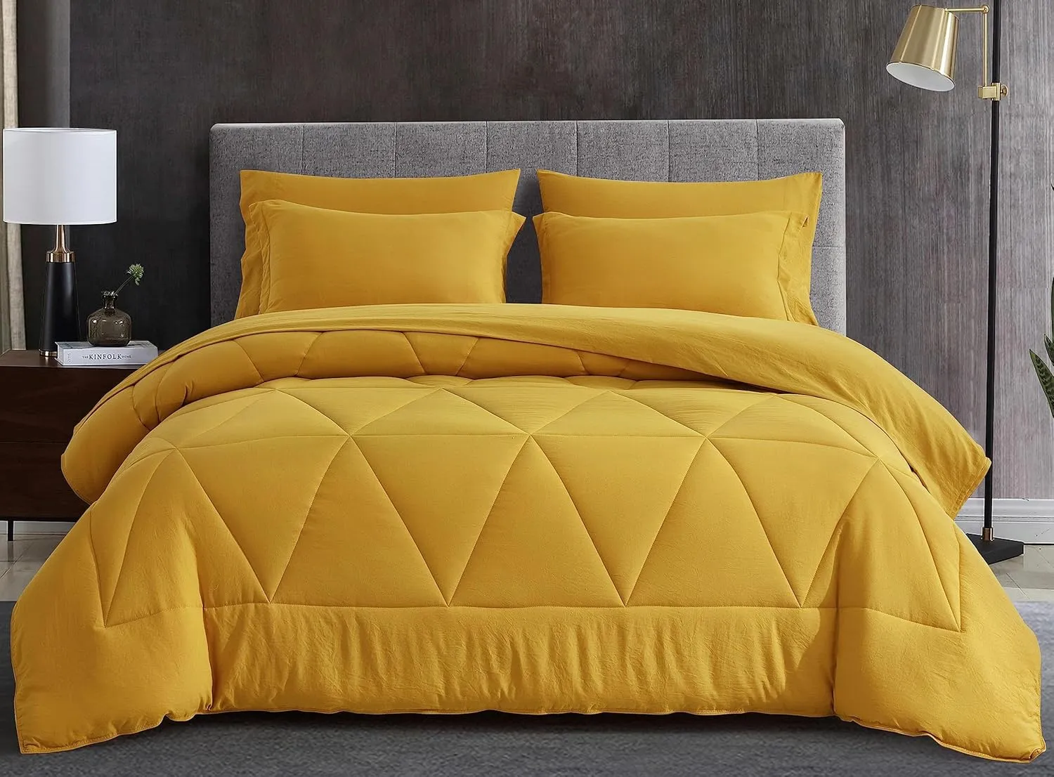 Chezmoi Collection Jasper Mustard Yellow Twin Size Bed in a Bag 5-Pieces Triangle Geometric Quilted Stone Washed Microfiber Comforter with Sheets Lightweight All Season Bedding Set
