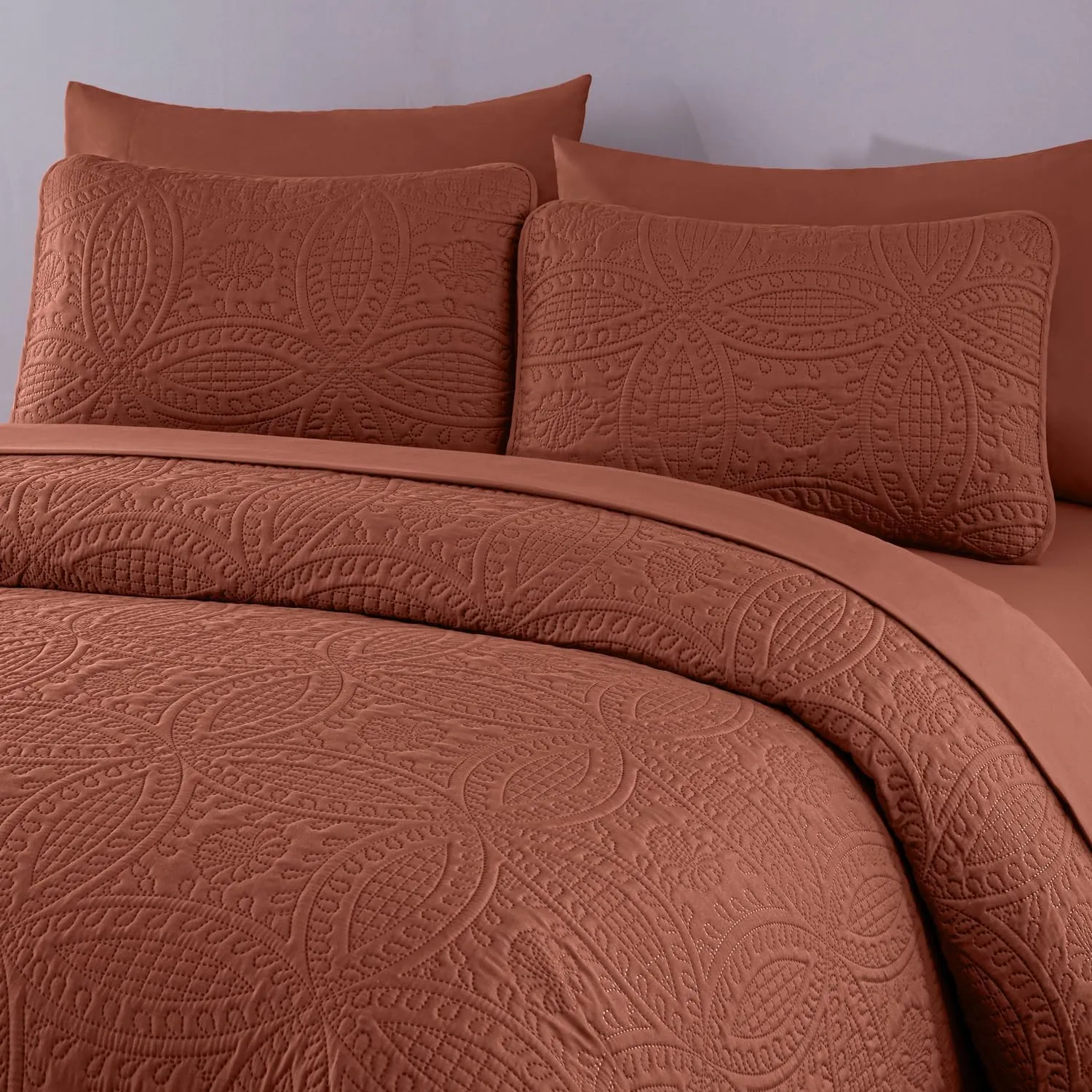 Chezmoi Collection Liam Terracotta Queen Size Bed in a Bag Comforter Set - 7 Pieces Coin Pattern Lightweight Comforter with Bed Sheets, Pillowcases & Shams Bedding Set for All Seasons