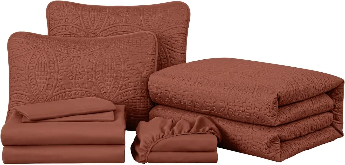 Chezmoi Collection Liam Terracotta Queen Size Bed in a Bag Comforter Set - 7 Pieces Coin Pattern Lightweight Comforter with Bed Sheets, Pillowcases & Shams Bedding Set for All Seasons