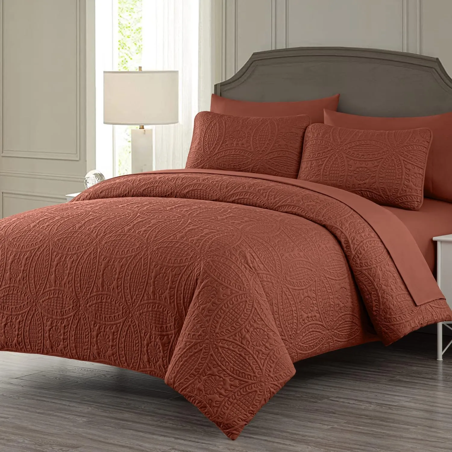 Chezmoi Collection Liam Terracotta Queen Size Bed in a Bag Comforter Set - 7 Pieces Coin Pattern Lightweight Comforter with Bed Sheets, Pillowcases & Shams Bedding Set for All Seasons