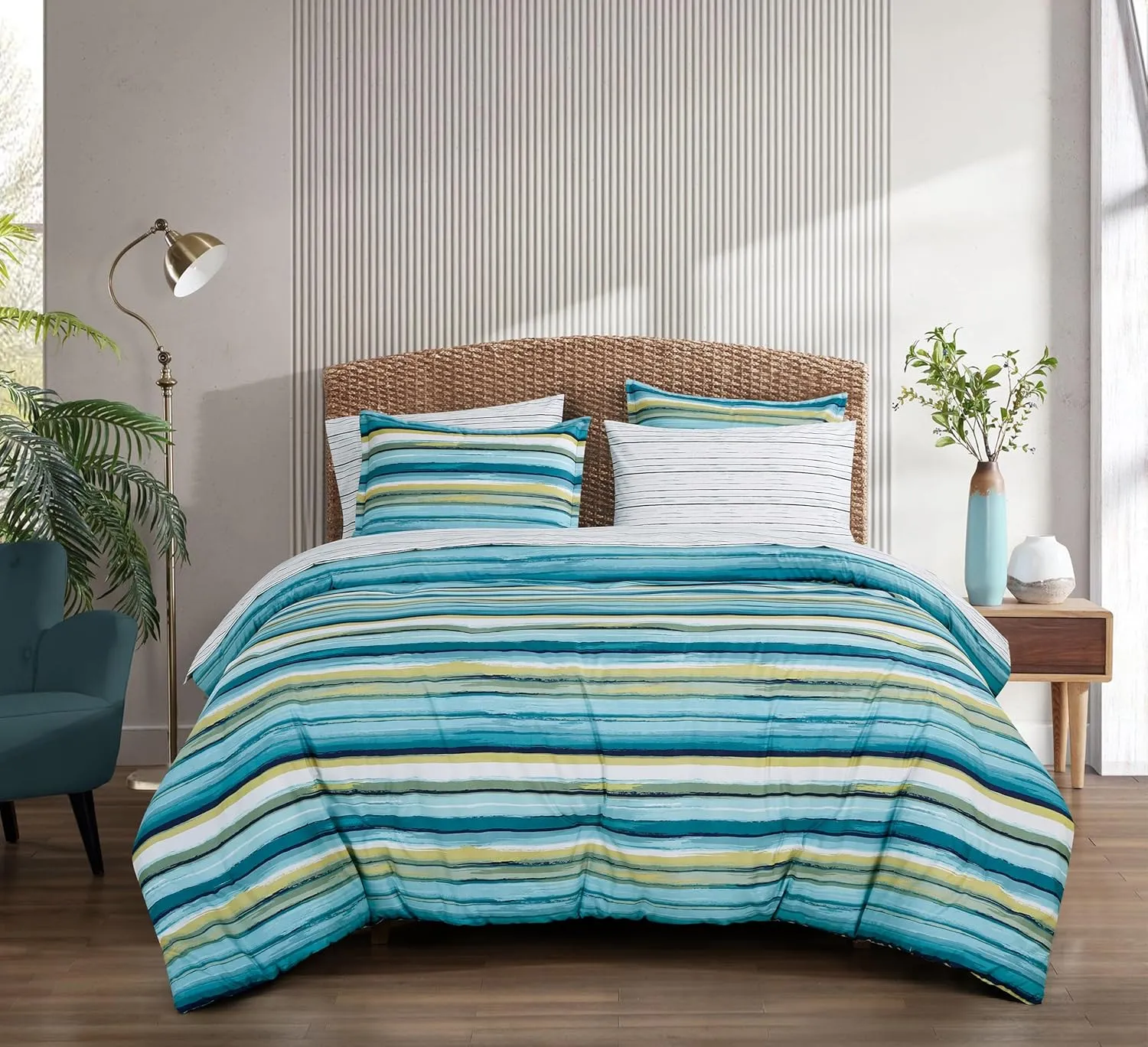 Chezmoi Collection Marvin 5-Piece Coastal Lodge Bed in a Bag Twin XL Comforter Set - Green Blue White Striped Printed Microfiber Bedding Set