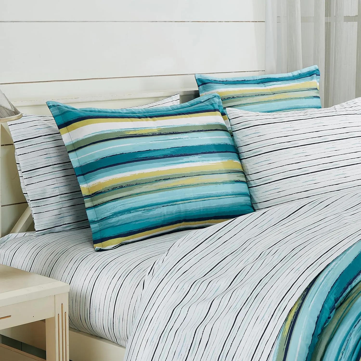 Chezmoi Collection Marvin 5-Piece Coastal Lodge Bed in a Bag Twin XL Comforter Set - Green Blue White Striped Printed Microfiber Bedding Set