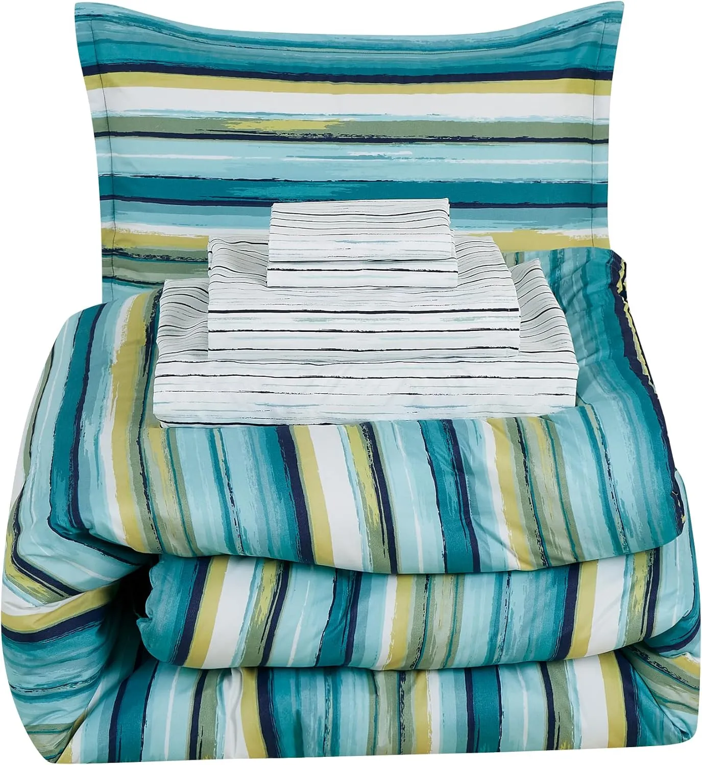 Chezmoi Collection Marvin 5-Piece Coastal Lodge Bed in a Bag Twin XL Comforter Set - Green Blue White Striped Printed Microfiber Bedding Set