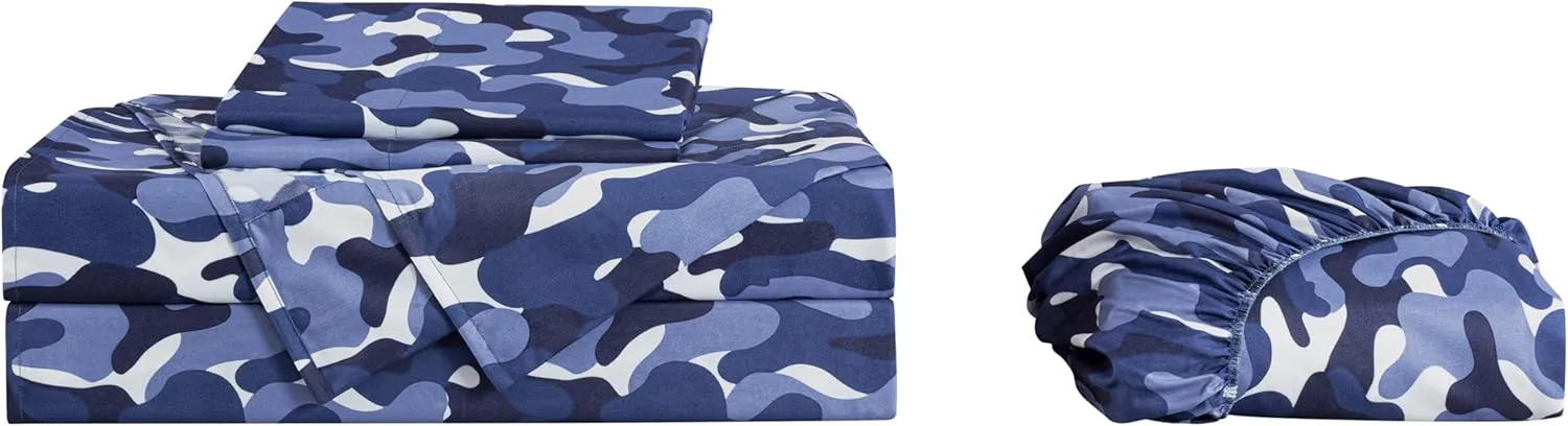 Chezmoi Collection Military Camo 4-Piece Sheet Set - Camouflage Blue Gray Printed Microfiber Soft Breathable Deep Pocket Sheets and Pillowcases Set, Queen Size