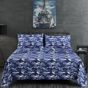 Chezmoi Collection Military Camo 4-Piece Sheet Set - Camouflage Blue Gray Printed Microfiber Soft Breathable Deep Pocket Sheets and Pillowcases Set, Queen Size